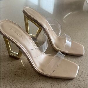 Cult Gaia Nude and Gold Heels with Clear Straps